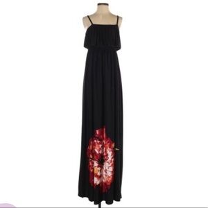 New Directions sz S black BOHO w large flower ruffle front sleeveless maxi dress